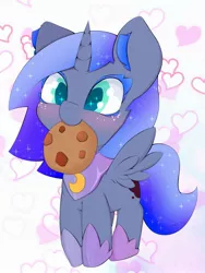 Size: 1875x2500 | Tagged: safe, artist:zokkili, derpibooru import, princess luna, alicorn, pony, colored pupils, cookie, cute, ear fluff, ethereal mane, female, filly, foal, food, full body, heart, hoof shoes, hooves, horn, image, jpeg, lunabetes, mouth hold, solo, sparkles, sparkly eyes, spread wings, starry mane, wingding eyes, wings, woona, younger