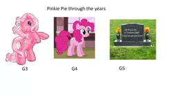 Size: 1884x1056 | Tagged: safe, artist:comicfield, derpibooru import, pinkie pie, pinkie pie (g3), earth pony, g3, g4, g5, gravestone, image, meme, png, sad