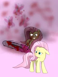 Size: 1551x2048 | Tagged: semi-grimdark, artist:zeon_starlight, derpibooru import, fluttershy, pegasus, pony, .mov, shed.mov, blood, blood stains, chainsaw, cutie mark, duality, duo, female, image, jpeg, mare, pink background, sharp teeth, simple background, teeth