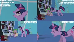 Size: 1280x720 | Tagged: safe, derpibooru import, edit, edited screencap, editor:quoterific, screencap, spike, twilight sparkle, dragon, pony, unicorn, friendship is magic, season 1, duo, eyes closed, female, image, jpeg, looking up, male, mare, open mouth, text, unicorn twilight