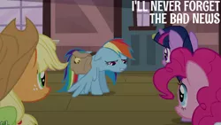 Size: 1280x720 | Tagged: safe, derpibooru import, edit, edited screencap, editor:quoterific, screencap, applejack, pinkie pie, rainbow dash, twilight sparkle, earth pony, pegasus, pony, unicorn, games ponies play, season 3, applejack's hat, bag, cowboy hat, female, floppy ears, hat, image, jpeg, mare, saddle bag, text, unicorn twilight