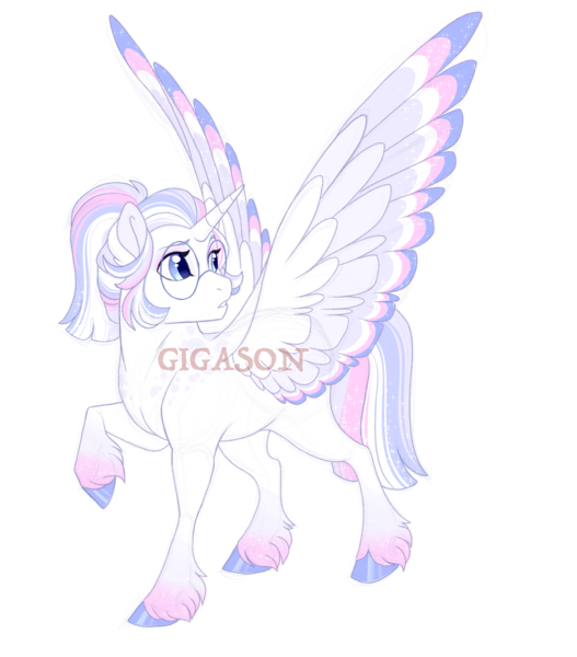 Size: 3600x4100 | Tagged: safe, artist:gigason, derpibooru import, oc, oc:white knight, alicorn, pony, colored wings, female, glasses, image, mare, multicolored wings, obtrusive watermark, offspring, parent:double diamond, parent:twilight sparkle, parents:diamondlight, png, simple background, solo, transparent background, watermark, wings