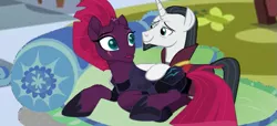 Size: 739x338 | Tagged: safe, artist:decokelow, derpibooru import, edit, screencap, chancellor neighsay, fizzlepop berrytwist, tempest shadow, pony, unicorn, about to kiss, armor, bed, bedroom eyes, clothes, edit screencap, female, i ship it, image, just kiss already, looking at each other, looking at someone, male, mare, photo, png, robe, shipping, shipping fuel, stallion, straight, tempest neighsay