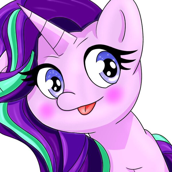 Size: 768x768 | Tagged: safe, artist:zeon_starlight, derpibooru import, starlight glimmer, pony, unicorn, cute, female, glimmerbetes, image, jpeg, looking at you, mare, simple background, solo, starry eyes, tongue out, white background, wingding eyes