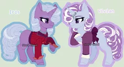 Size: 650x351 | Tagged: safe, artist:dinkydoolove, derpibooru import, oc, unofficial characters only, pony, unicorn, base used, clothes, duo, female, horn, image, mare, offspring, parent:fancypants, parent:fleur-de-lis, parents:fancyfleur, png, raised hoof, siblings, simple background, twins, unicorn oc