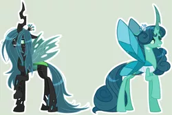 Size: 2845x1903 | Tagged: safe, artist:dinkydoolove, derpibooru import, queen chrysalis, changedling, changeling, changeling queen, base used, changedling queen, duo, female, image, png, purified chrysalis, raised hoof, simple background