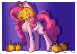 Size: 1024x724 | Tagged: semi-grimdark, artist:maneblue, derpibooru import, pinkie pie, earth pony, pony, blood, chest fluff, female, halloween, holiday, image, jack-o-lantern, mare, mask, png, pumpkin, pumpkin head, simple background, solo, transparent background