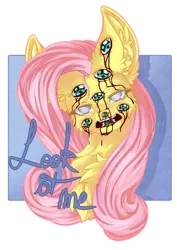 Size: 1024x1449 | Tagged: semi-grimdark, artist:maneblue, derpibooru import, fluttershy, pegasus, pony, blood, body horror, bust, chest fluff, crying, ear fluff, eyes do not belong there, female, image, mare, multiple eyes, png, simple background, solo, tears of blood, transparent background