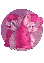 Size: 1024x1449 | Tagged: safe, artist:maneblue, derpibooru import, pinkie pie, earth pony, pony, bust, chest fluff, duality, duo, ear fluff, female, image, laughing, mare, pinkamena diane pie, png, simple background, smiling, smirk, transparent background