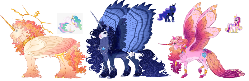 Size: 13281x4320 | Tagged: safe, artist:mysthooves, derpibooru import, princess cadance, princess celestia, princess luna, alicorn, pony, absurd resolution, alternate cutie mark, bald face, blaze (coat marking), coat markings, colored hooves, colored wings, female, gradient hooves, hoof fluff, horn, horn ring, image, jewelry, large wings, looking at you, male, mare, multicolored wings, neck fluff, peacock tail, png, prince solaris, redesign, regalia, ring, rule 63, simple background, stallion, tongue out, trio, tumblr nose, twitterina design, unshorn fetlocks, white background, wings