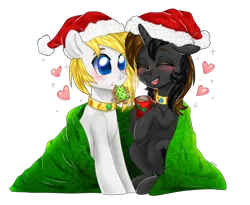 Size: 3316x2722 | Tagged: safe, artist:kaikururu, derpibooru import, oc, unofficial characters only, earth pony, pony, unicorn, blanket, blushing, chocolate, christmas, commission, cookie, earth pony oc, food, hat, heart, holiday, horn, hot chocolate, image, jewelry, mug, necklace, oc x oc, open mouth, png, santa hat, shipping, simple background, smiling, transparent background, unicorn oc, ych result