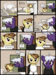 Size: 1750x2333 | Tagged: safe, artist:99999999000, derpibooru import, oc, oc:firearm king, oc:zhang cathy, unofficial characters only, earth pony, pony, comic:journey, baby bottle, bowl, cleaning, clothes, comic, dishes, door, female, image, kitchen, male, plate, png, refrigerator