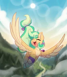 Size: 2809x3204 | Tagged: safe, artist:colorfulcolor233, derpibooru import, oc, oc:summer ray, unofficial characters only, pegasus, pony, commission, eyes closed, female, flying, forest, image, jpeg, lens flare, mare, open mouth, open smile, river, scenery, smiling, solo, tree, water