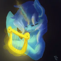 Size: 2139x2160 | Tagged: safe, artist:rainsketch, derpibooru import, lyra heartstrings, pony, unicorn, black background, dark background, eyes closed, female, glow, glowing horn, horn, image, lyre, magic, magic aura, mare, musical instrument, playing instrument, png, simple background, solo