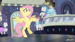 Size: 640x360 | Tagged: safe, derpibooru import, screencap, fluttershy, pegasus, pony, fake it 'til you make it, season 8, spoiler:s08, animated, eyes closed, female, gif, gifs.com, grin, image, mannequin, mare, smiling, solo, spread wings, wings