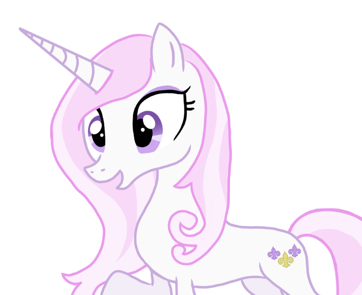Size: 2891x2357 | Tagged: safe, artist:naturajellyfish, derpibooru import, fleur-de-lis, pony, unicorn, cute, cutie mark, eyeshadow, female, fleurabetes, gameloft, horn, image, long horn, looking at something, makeup, mare, open mouth, open smile, png, raised hoof, simple background, smiling, transparent background, two toned mane, vector