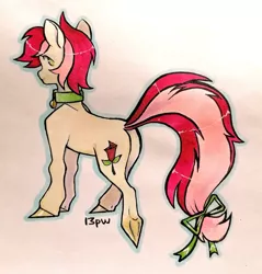 Size: 1531x1600 | Tagged: safe, artist:13pw, derpibooru import, roseluck, pony, bow, collar, commission, commissioner:doom9454, cute, image, jpeg, long tail, pet tag, pony pet, rosepet, tail, tail bow, traditional art