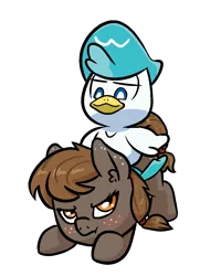 Size: 1000x1249 | Tagged: safe, artist:happy harvey, derpibooru import, oc, oc:rye bread, bird, duck, earth pony, pony, angry, blushing, butt freckles, crossover, drawn on phone, ear fluff, ear freckles, female, filly, foal, freckles, hairband, image, looking down, looking up, png, pokémon, quaxly, simple background, sitting on, sitting on pony, smug, transparent background