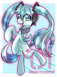 Size: 768x1024 | Tagged: safe, artist:yukkuri_yu_yu, derpibooru import, kotobukiya, ponified, earth pony, pony, bipedal, eye clipping through hair, female, hatsune miku, headphones, image, jpeg, kotobukiya hatsune miku pony, looking at you, mare, necktie, solo, vocaloid