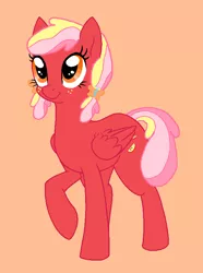 Size: 572x768 | Tagged: safe, artist:happyhippoadopts, derpibooru import, oc, unofficial characters only, pegasus, pony, base used, cute, female, filly, foal, folded wings, freckles, image, looking up, multicolored hair, ocbetes, offspring, orange background, parent:big macintosh, parent:fluttershy, parents:fluttermac, pegasus oc, pigtails, png, raised hoof, simple background, smiling, solo, wings