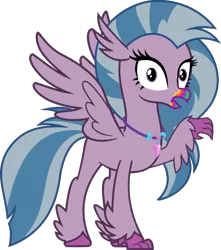 Size: 1397x1580 | Tagged: safe, artist:ponygamer2020, derpibooru import, silverstream, classical hippogriff, hippogriff, undead, zombie, 28 pranks later, beak, colored pupils, cookie zombie, female, fluffy, image, implied rainbow dash, jewelry, looking at you, necklace, png, quadrupedal, rainbow muzzle, raised arm, raised talon, simple background, solo, spread wings, standing, tail, talons, transparent background, vector, wings