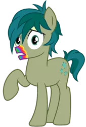 Size: 715x1051 | Tagged: safe, artist:ponygamer2020, derpibooru import, sandbar, earth pony, pony, undead, zombie, 28 pranks later, absurd resolution, cookie zombie, cutie mark, image, implied rainbow dash, looking at you, male, png, rainbow muzzle, raised hoof, simple background, solo, tail, teenager, transparent background, vector