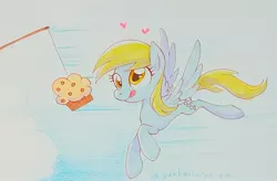 Size: 1936x1271 | Tagged: safe, artist:yukkuri_yu_yu, derpibooru import, derpy hooves, pegasus, pony, carrot on a stick, derp, emanata, eyes on the prize, female, flying, food, heart, image, jpeg, mare, muffin, muffin on a stick, solo, spread wings, tongue out, wings