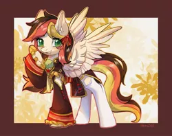 Size: 1933x1530 | Tagged: safe, artist:qamar, derpibooru import, oc, oc:anja snow, pegasus, chinese dress, clothes, dress, hair ribbon, image, jpeg, looking at you, pegasus oc, smiling, smiling at you, socks, wings