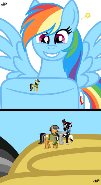 Size: 3000x5493 | Tagged: safe, artist:princessmoonsilver, derpibooru import, daring do, quibble pants, rainbow dash, oc, oc:checkerboard, earth pony, pegasus, pony, comic, excited, female, giant pony, giantess, image, jpeg, macro, male, mare, smiling, stallion