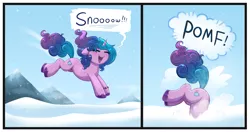 Size: 4237x2236 | Tagged: safe, artist:confetticakez, derpibooru import, izzy moonbow, pony, unicorn, 2 panel comic, behaving like a fox, comic, cute, eyes closed, female, g5, image, izzybetes, mare, onomatopoeia, open mouth, png, pomf, snow, solo, unshorn fetlocks