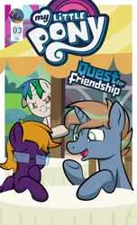 Size: 1920x3168 | Tagged: safe, artist:alexdti, derpibooru import, oc, oc:brainstorm (alexdti), oc:marco, oc:purple creativity, unofficial characters only, pegasus, pony, unicorn, comic:quest for friendship, eyes closed, female, glasses, high res, hoof over mouth, hooves, horn, image, jealous, looking at someone, male, mare, my little pony logo, one ear down, open mouth, open smile, pegasus oc, png, shading, smiling, stallion, two toned mane, underhoof, unicorn oc, wavy mouth, wings