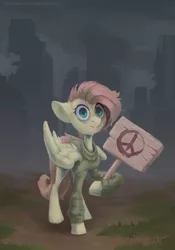Size: 1918x2738 | Tagged: safe, artist:yarugreat, derpibooru import, fluttershy, pegasus, pony, anti-war, clothes, current events, description is relevant, image, peace symbol, png, ruins, shocked, shocked expression, sign, solo, sweater, terrified, younger