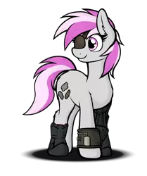 Size: 1464x1749 | Tagged: safe, artist:aaathebap, derpibooru import, oc, oc:hired gun, oc:silver storm, pony, fallout equestria, fallout equestria: heroes, cyber legs, eyepatch, fallout, fanfic art, female, image, mare, pipbuck, png, prosthetics, simple background, solo, standing, transparent background