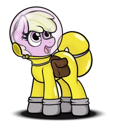 Size: 1024x1127 | Tagged: safe, artist:aaathebap, derpibooru import, oc, oc:puppysmiles, pony, fallout equestria, fallout equestria: pink eyes, bag, fallout, fanfic art, female, filly, foal, happy, image, png, radiation suit, saddle bag, simple background, solo, standing, transparent background