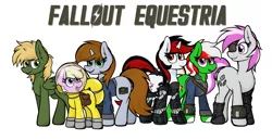 Size: 4036x2076 | Tagged: safe, artist:aaathebap, derpibooru import, oc, oc:blackjack, oc:littlepip, oc:murky, oc:puppysmiles, cyborg, pegasus, pony, unicorn, fallout equestria, fallout equestria: dead tree, fallout equestria: heroes, fallout equestria: murky number seven, fallout equestria: pink eyes, fallout equestria: project horizons, alternate mane six, cybernetic legs, fallout, fanfic art, female, filly, foal, group, group photo, image, png, simple background, standing, text, transparent background