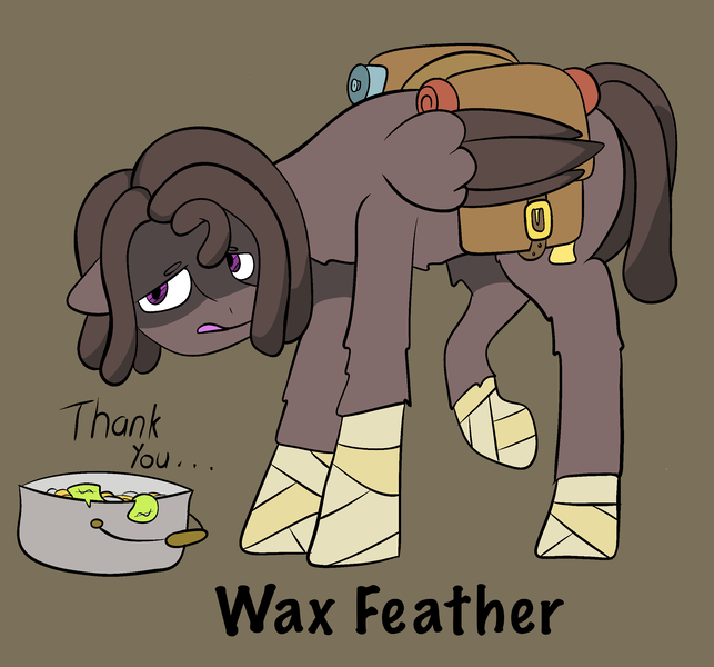 Size: 2429x2267 | Tagged: safe, artist:ponyfusk, derpibooru import, oc, oc:wax feather, pegasus, pony, backpack, bandage, begging, homeless, image, male, money, png, pot