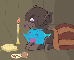 Size: 1480x1207 | Tagged: safe, artist:ponyfusk, derpibooru import, oc, oc:wax feather, ghost, pegasus, pony, undead, blanket, book, candle, chocolate, chocolate milk, cookie, food, image, male, milk, png, snuggling