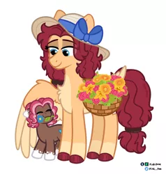 Size: 1900x2000 | Tagged: safe, artist:pink-pone, derpibooru import, oc, oc:ginger bread, oc:heather, unofficial characters only, earth pony, pegasus, pony, chest fluff, coat markings, earth pony oc, eyes closed, female, filly, flower, foal, hat, hoof polish, hooves, image, lidded eyes, mare, mouth hold, pegasus oc, png, signature, simple background, smiling, socks (coat marking), standing, tail, white background, wings