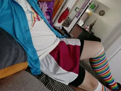 Size: 4608x3456 | Tagged: safe, derpibooru import, photographer:mr.sparkle, rainbow dash, human, equestria girls, clothes, cosplay, costume, crossdressing, crossplay, cutie mark, image, irl, irl human, jpeg, photo, rainbow socks, shorts, skirt, socks, solo, striped socks