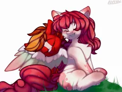 Size: 2048x1560 | Tagged: safe, artist:avery-valentine, derpibooru import, oc, unofficial characters only, earth pony, pony, brown mane, colored wings, commission, couple, couples, eyes closed, grass, happy, image, jpeg, looking at each other, multicolored hair, multicolored wings, red hair, simple background, sleeping, smiling, smiling at each other, spread wings, white background, wings, ych result