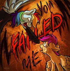 Size: 2023x2048 | Tagged: semi-grimdark, artist:regxy, derpibooru import, rainbow dash, scootaloo, pegasus, pony, fanfic, fanfic:rainbow factory, abuse, black suit, crying, dialogue, duo, evil, fanfic art, female, filly, floppy ears, foal, image, jpeg, looking at each other, looking at someone, mare, open mouth, pegasus device, pointing, raised hoof, scootabuse, shrunken pupils, signature, slender, slenderman, slendermane, slenderpony, spread wings, tears of sadness, teeth, wings, yelling