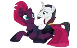 Size: 420x264 | Tagged: safe, artist:decokelow, derpibooru import, edit, screencap, chancellor neighsay, fizzlepop berrytwist, tempest shadow, pony, unicorn, armor, bedroom eyes, clothes, edit screencap, female, i ship it, image, just kiss already, looking at each other, looking at someone, male, mare, photo, png, robe, shipping, shipping fuel, simple background, stallion, straight, tempest neighsay, transparent background
