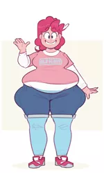Size: 1200x2000 | Tagged: safe, artist:secretgoombaman12345, derpibooru import, pinkie pie, human, abstract background, belly, big belly, blush sticker, blushing, colored sketch, fat, female, human coloration, humanized, image, looking at you, muffin top, png, pudgy pie, smiling, smiling at you, solo, waving, wide hips