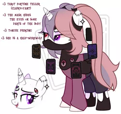 Size: 2772x2620 | Tagged: safe, artist:idkhesoff, derpibooru import, oc, oc:madame foresight, unofficial characters only, alicorn, pony, werewolf, alicorn oc, card, clothes, ear piercing, earring, eyeshadow, fangs, female, headscarf, heterochromia, hoof shoes, horn, horn ring, image, jewelry, makeup, mare, mask, multiple eyes, open mouth, pants, piercing, png, reference sheet, ring, scarf, shirt, simple background, solo, tarot, tarot card, tongue out, white background, wings