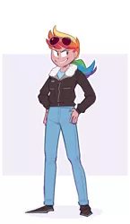 Size: 1100x1900 | Tagged: safe, artist:secretgoombaman12345, derpibooru import, rainbow dash, human, abstract background, aviator glasses, bomber jacket, clothes, colored sketch, female, hand on hip, human coloration, humanized, image, jacket, looking sideways, png, ponytail, short, smiling, smug, solo, sunglasses