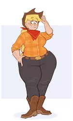 Size: 1324x2197 | Tagged: safe, artist:secretgoombaman12345, derpibooru import, applejack, human, abstract background, applebucking thighs, applejack's hat, bandana, belt, belt buckle, boots, chubby, clothes, cowboy boots, cowboy hat, female, freckles, hand on hip, hat, human coloration, humanized, image, jeans, looking down, looking sideways, pants, plaid shirt, png, ponytail, shirt, shoes, smiling, solo, strong fat, thighs, thunder thighs, wide hips