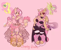 Size: 2048x1672 | Tagged: safe, artist:dumpling_ghost, derpibooru import, fluttershy, anthro, bat pony, pegasus, bare shoulders, bat ponified, big breasts, bouquet of flowers, breasts, busty fluttershy, choker, cigarette, clothes, corset, diamond ring, dress, duality, ear piercing, earring, eyebrows, eyeshadow, female, fishnet clothing, flower, flutterbat, hand on hip, heart eyes, high heels, image, jewelry, jpeg, makeup, piercing, pigeon toed, pink background, race swap, ring, shoes, simple background, socks, striped socks, thigh highs, wide hips, wingding eyes