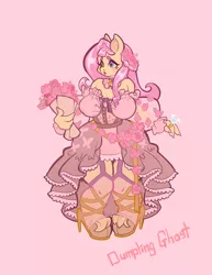 Size: 1582x2048 | Tagged: safe, alternate version, artist:dumpling_ghost, derpibooru import, fluttershy, anthro, pegasus, bare shoulders, big breasts, bouquet of flowers, breasts, busty fluttershy, choker, clothes, diamond ring, dress, eyebrows, female, flower, heart eyes, high heels, image, jewelry, jpeg, pigeon toed, pink background, ring, shoes, simple background, solo, wide hips, wingding eyes