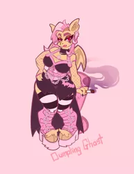 Size: 1582x2048 | Tagged: safe, alternate version, artist:dumpling_ghost, derpibooru import, fluttershy, anthro, bat pony, bare shoulders, bat ponified, big breasts, breasts, busty fluttershy, choker, cigarette, clothes, corset, ear piercing, earring, eyebrows, eyeshadow, female, fishnet clothing, flutterbat, hand on hip, image, jewelry, jpeg, makeup, piercing, pigeon toed, pink background, race swap, simple background, socks, solo, striped socks, thigh highs, wide hips