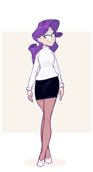 Size: 1000x1850 | Tagged: safe, artist:secretgoombaman12345, derpibooru import, rarity, human, clothes, colored sketch, curvy, ear piercing, earring, eyebrows, eyebrows visible through hair, eyeshadow, female, high heels, hourglass figure, human coloration, humanized, image, jewelry, looking sideways, makeup, piercing, png, shoes, skirt, smiling, socks, solo, stockings, thigh highs